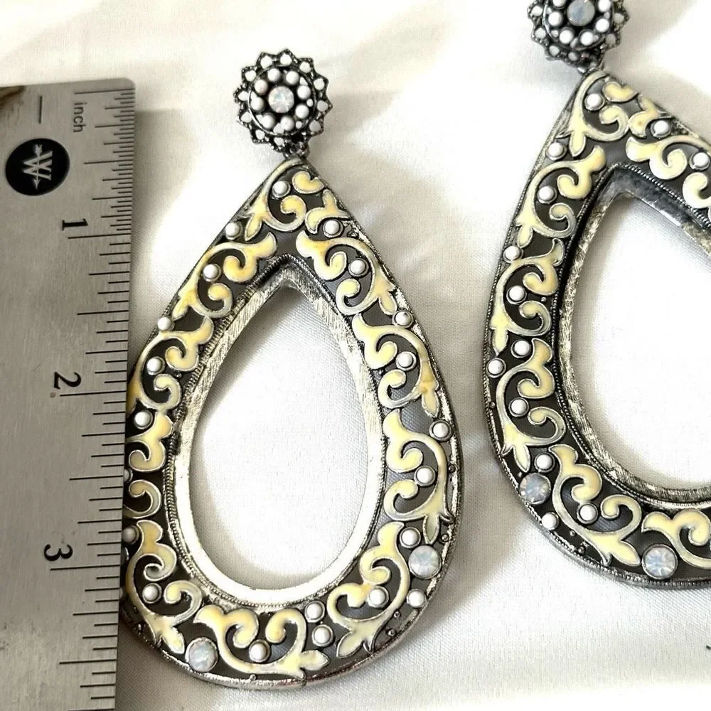 Large yellow silver tone rhinestone teardrop statement earrings